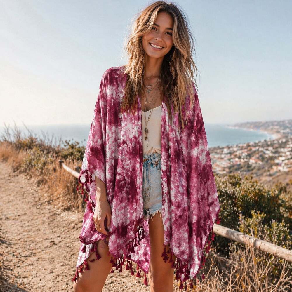 Earthbound Trading Co Maroon Tie-Dye Tassel Trim Kimono Poncho